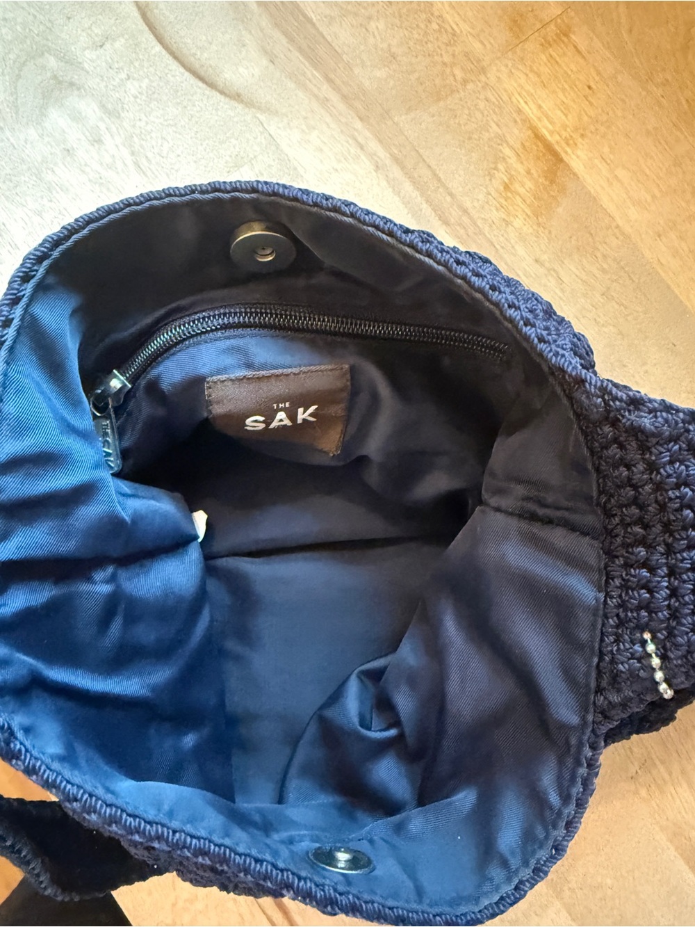The Sak Navy Blue Crochet Knit Shoulder Bag Woven Hobo Slouchy Popcorn Purse M - Picture 6 of 7